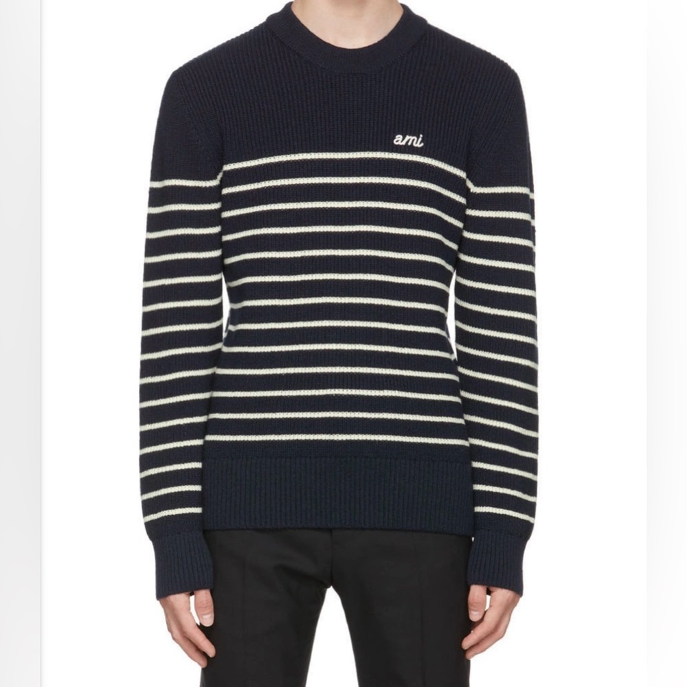AMI Alexandre Mattiussi Navy & White Merino Breton Stripe Sweater size large